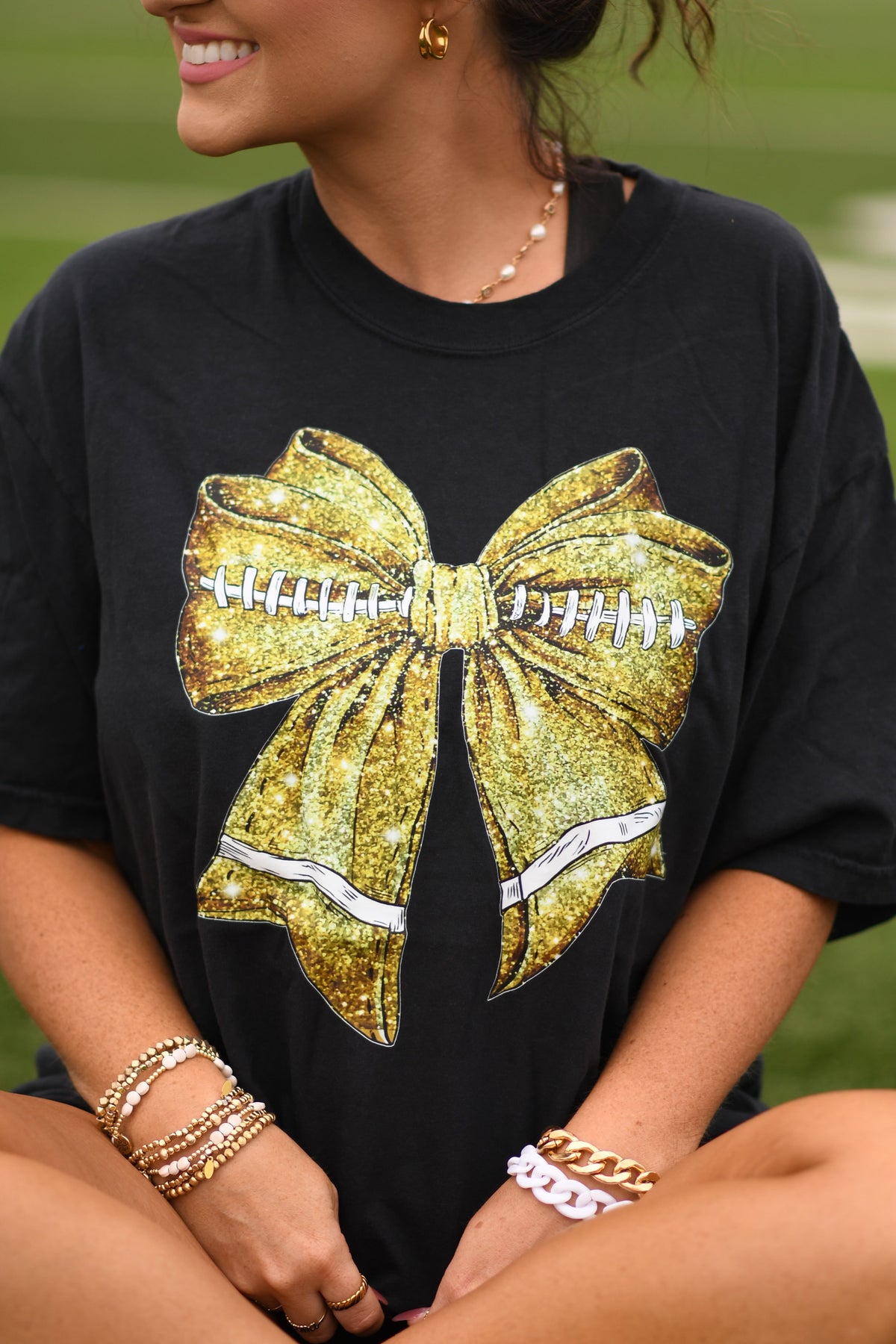 Gold Faux Glitter Football Bow Tee