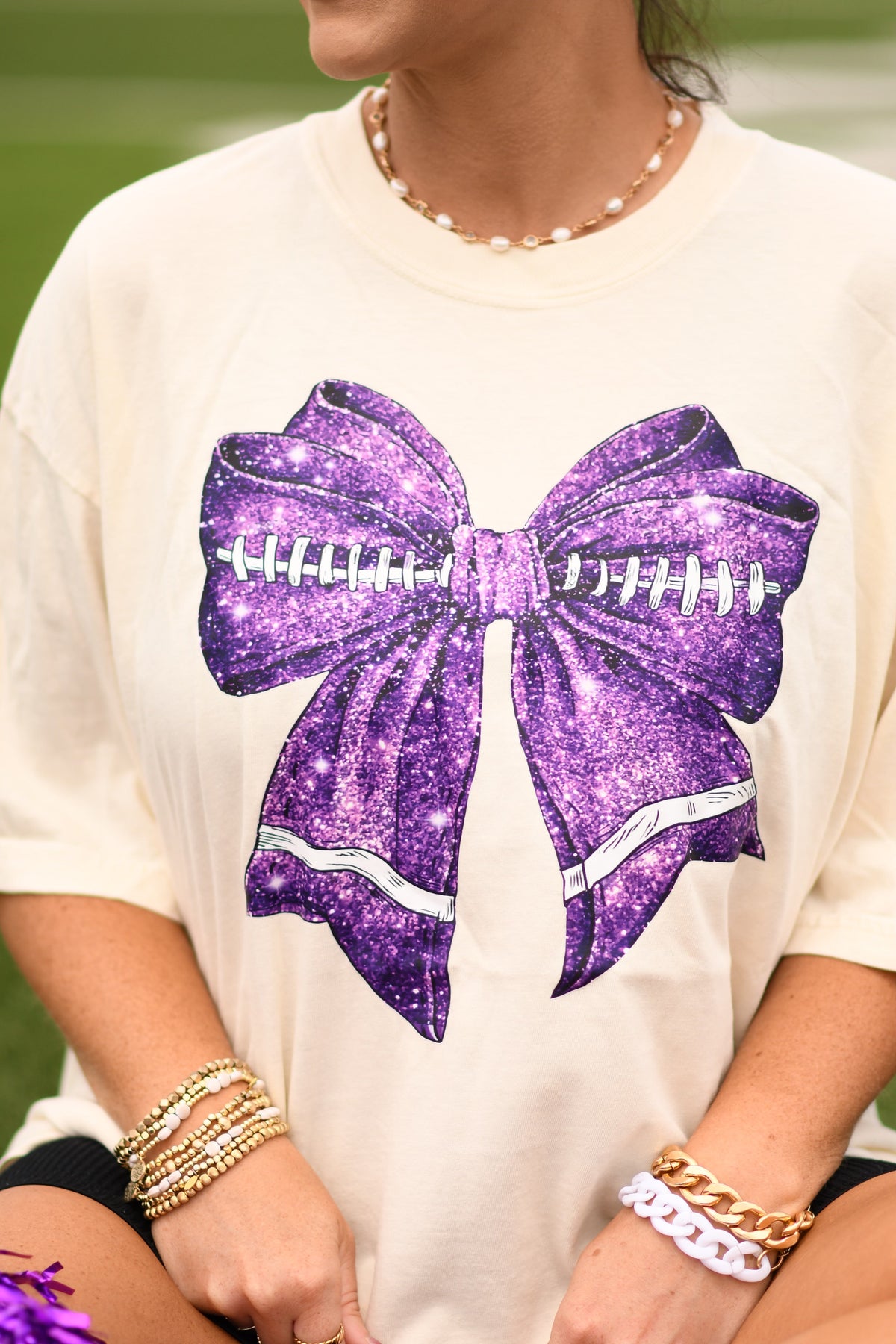 Purple Faux Glitter Football Bow