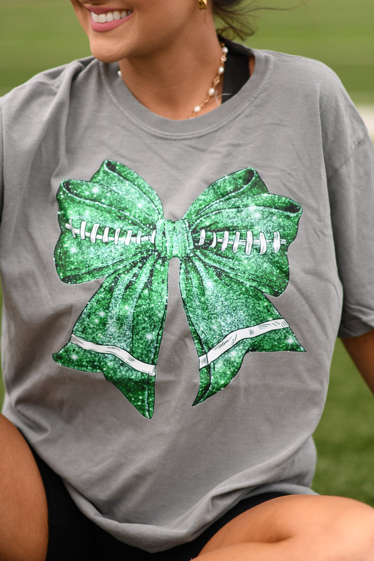 Green Faux Glitter Football Bow