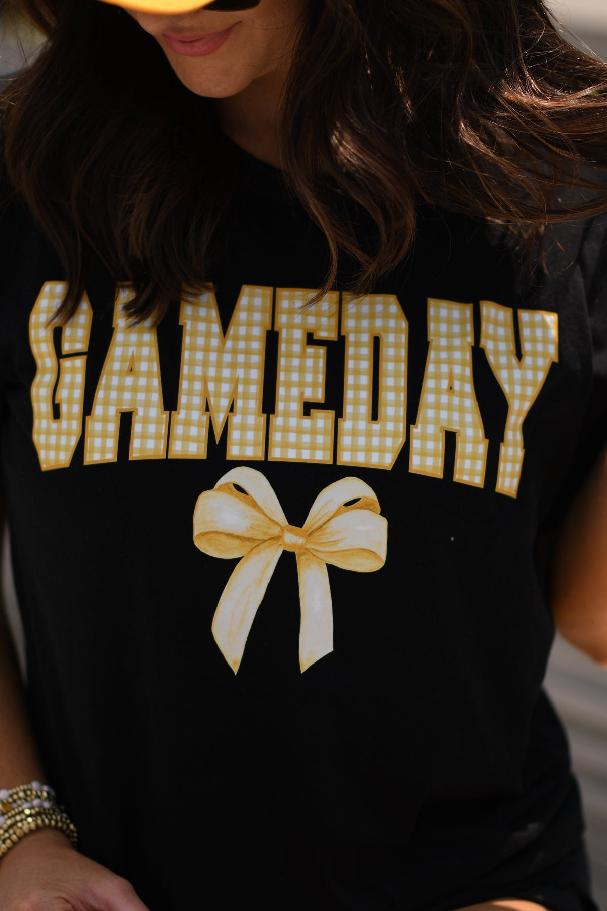 Gold Game Day Gingham Bow Tee