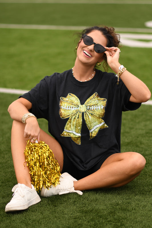 Gold Faux Glitter Football Bow Tee