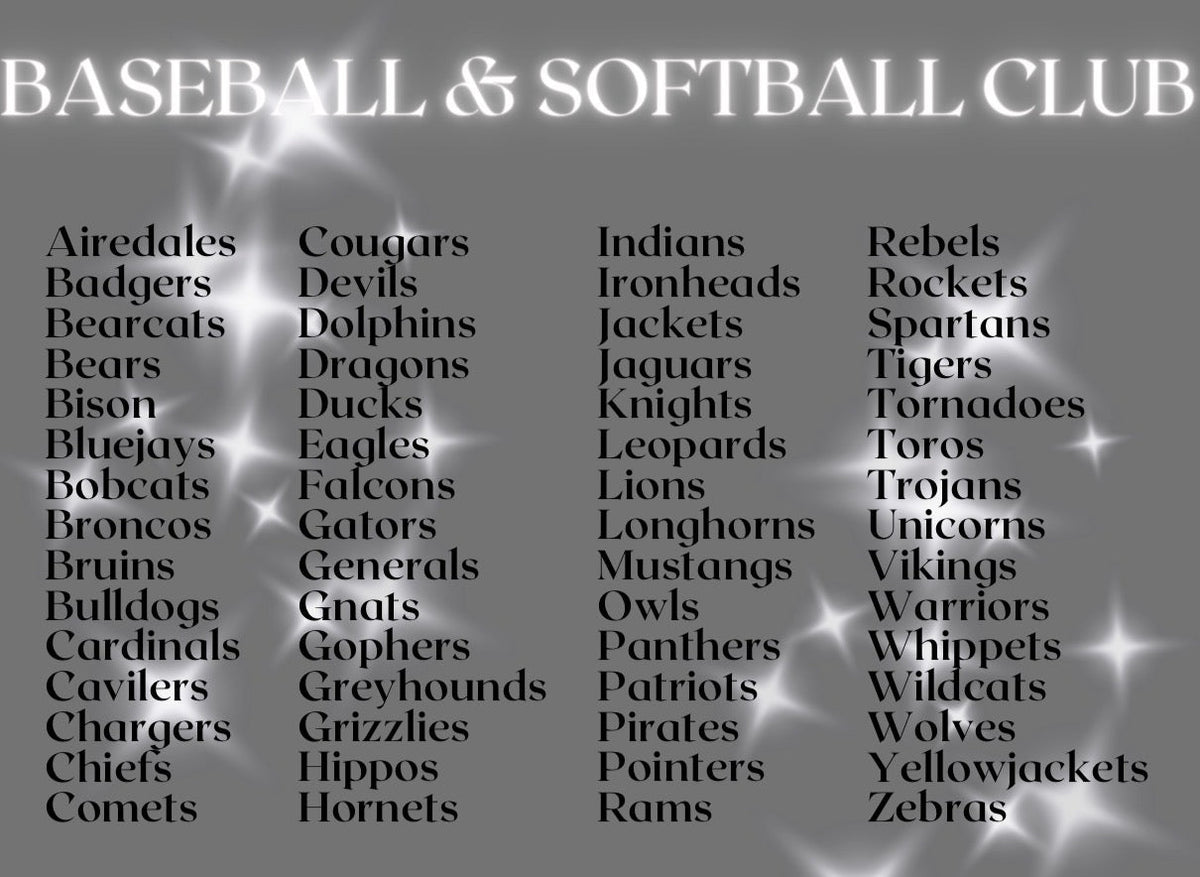 Baseball Club & Softball Club Mascot Tees (60 Mascots Available)