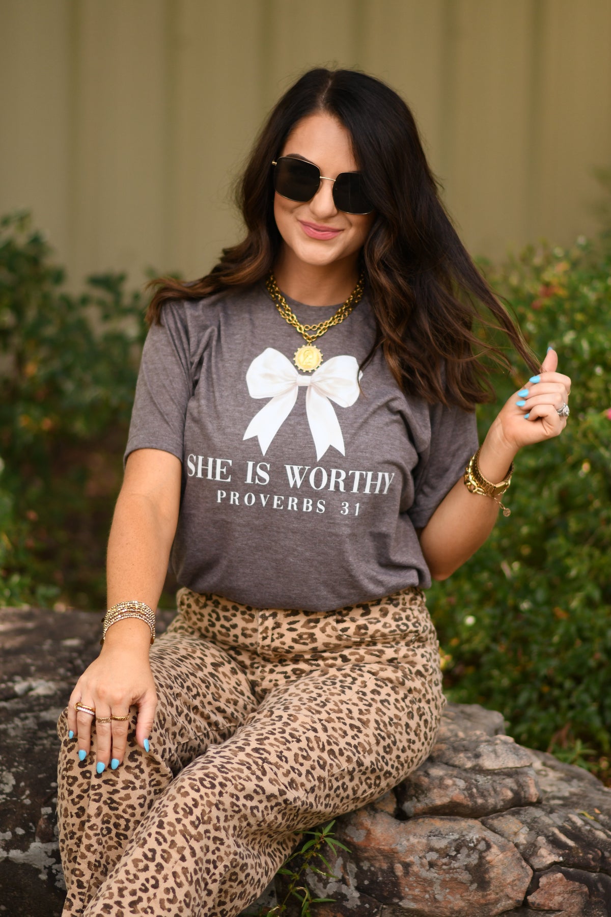 She Is Worthy White Bow Tee