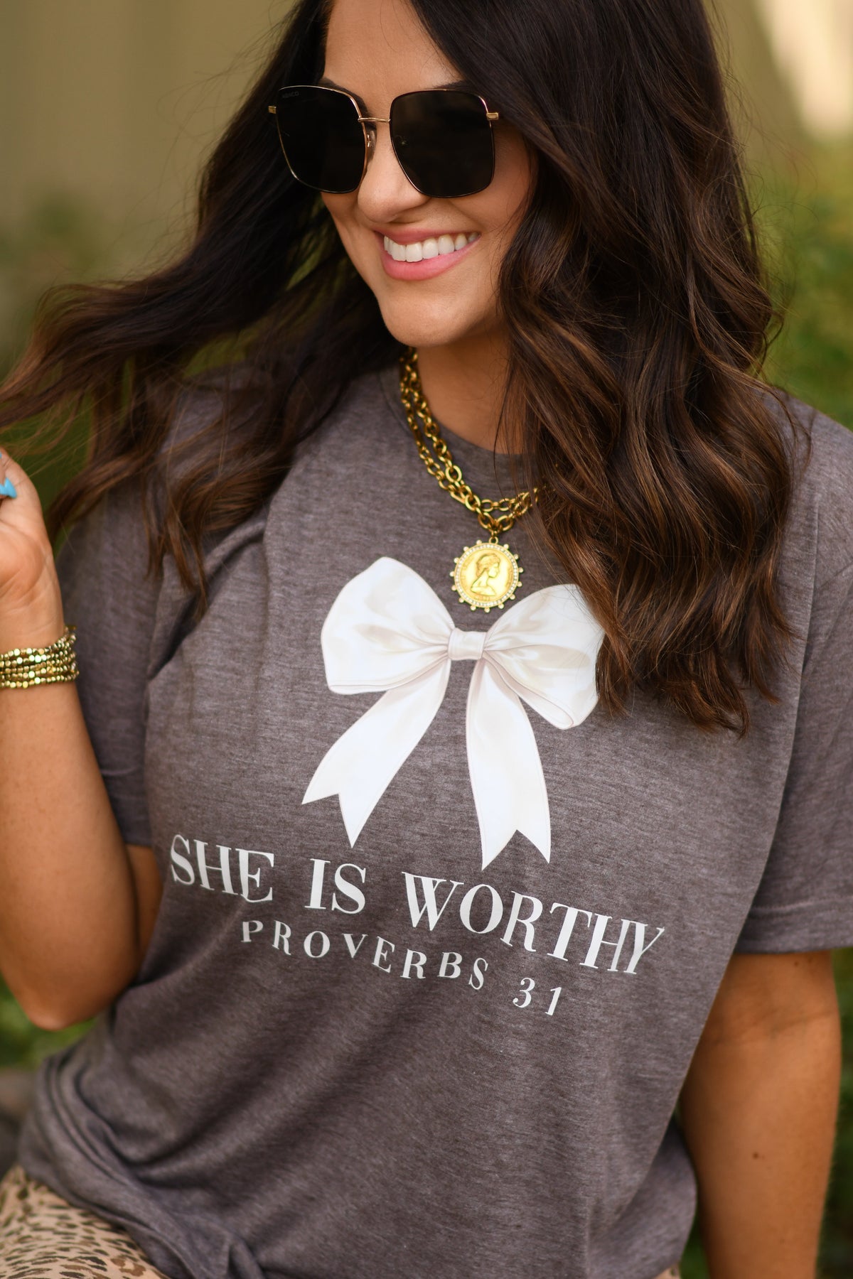 She Is Worthy White Bow Tee