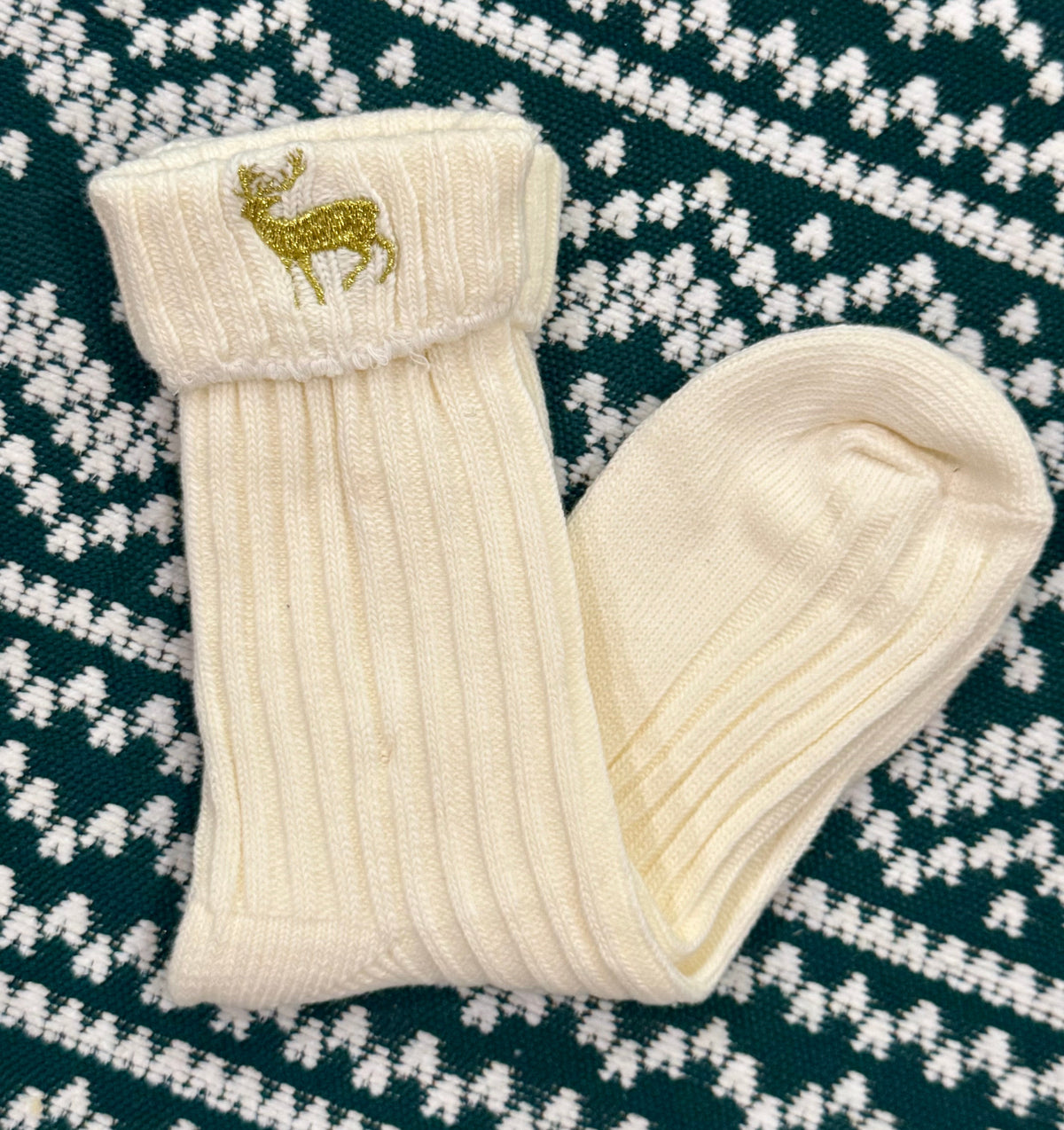 *SALE* RTS Ivory Reindeer Embroidered Socks