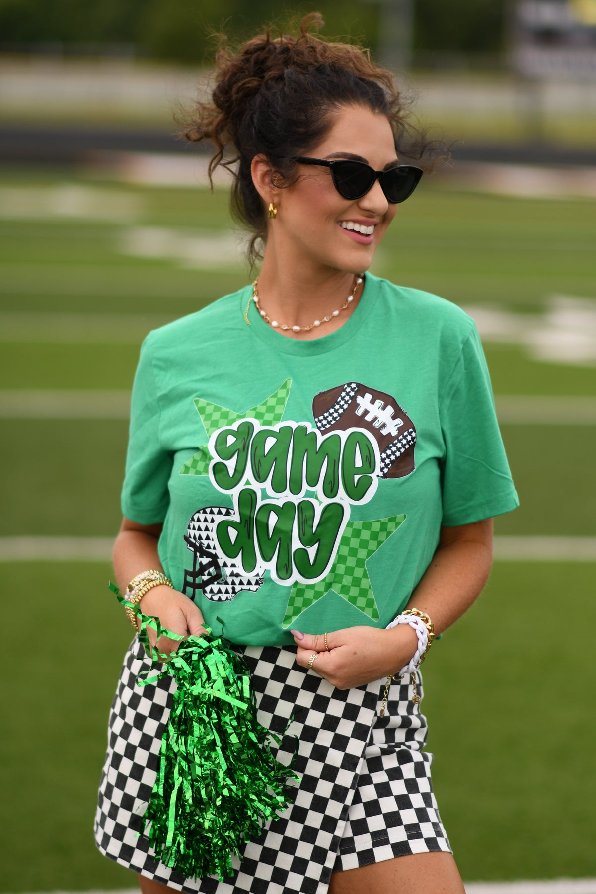 Green Game Day Checkered Stars Tee